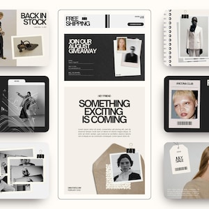 May include: A digital marketing layout with a neutral color palette. The design includes text elements such as "BACK IN STOCK", "FREE SHIPPING", and "SOMETHING EXCITING IS COMING". The layout also features photographs and illustrations.