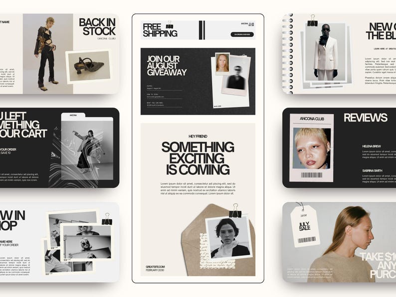 May include: A digital marketing layout with a neutral color palette. The design includes text elements such as "BACK IN STOCK", "FREE SHIPPING", and "SOMETHING EXCITING IS COMING". The layout also features photographs and illustrations.