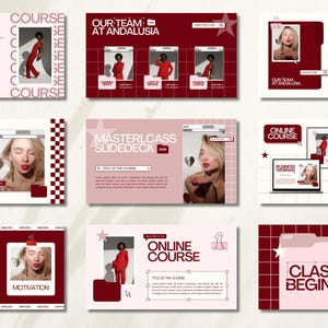 Puede incluir: Un conjunto de plantillas de diapositivas digitales con una paleta de colores rojo oscuro y rosa claro. Los diseños incluyen ventanas estilo navegador, patrones de cuadrícula, iconos de estrellas y áreas de texto con títulos como Our Team.