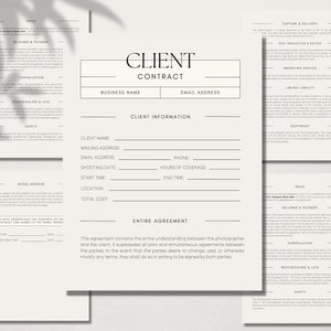 May include: A black and white printable client contract template for photographers. The contract includes sections for pricing, retainer & payment, cancellation, rescheduling & late fees, safety, model release, capture & delivery, post production & editing,  showing photos, limited liability, copyright, and client information.