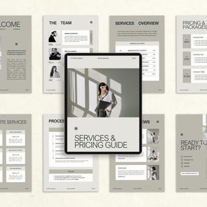 May include: A digital services and pricing guide displayed on a tablet, surrounded by informational pages. The guide features a woman in a blazer, and the text "SERVICES & PRICING GUIDE". Other pages include "WELCOME", "THE TEAM", and "READY TO START?"
