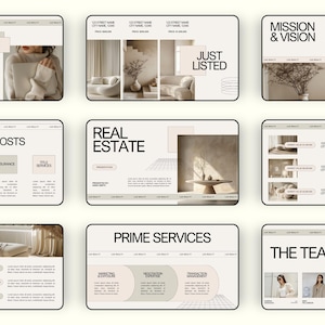 May include: A collection of website mockups with a minimalist design. The layouts feature text and images related to real estate, including "Just Listed," "Closing Costs," and "Prime Services." The color palette is neutral, with beige, white, and black elements.
