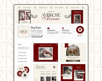 Puede incluir: Una captura de pantalla de una página de tienda Etsy para Ambrose Avenue. La tienda vende plantillas de banner Etsy digitales. La tienda tiene un esquema de color rojo y blanco con un logotipo de rosa. La tienda ha realizado 2.000 ventas y tiene una calificación de 5 estrellas. La tienda ofrece respuestas rápidas a los mensajes.