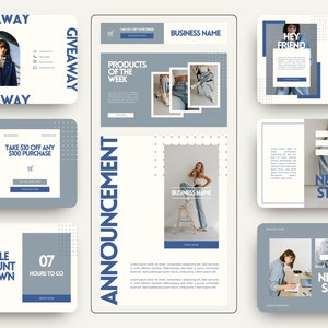 May include: A set of social media graphics for a clothing store. The graphics feature a blue and white colour scheme with images of women wearing jeans and various text, including "Giveaway", "Products of the Week", "Announcement", "New in Store", and "Sale Countdown".