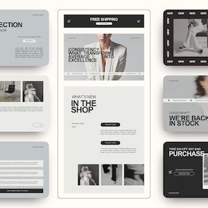 Könnte beinhalten: Eine Website-Startseite für einen Online-Bekleidungsladen mit einem Schwarz-Weiß-Farbschema. Die Startseite zeigt Bilder von Kleidung, ein Model, das einen weißen Blazer trägt, und Text, der "Konsistenz ist, was Durchschnitt in Exzellenz verwandelt" lautet.