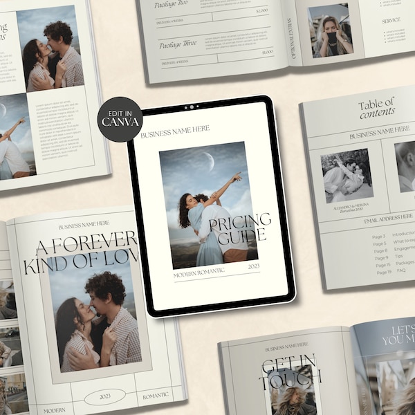 Indie | CANVA Modern Wedding Photography Pricing Guide Magazine Template Photographer Brochure Editable Elopement Welcome Guide Booklet