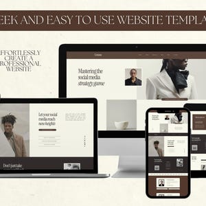 May include: A website template mockup showing a laptop, desktop computer, and mobile phone displaying a website with the text "Mastering the social media strategy game" and "Let your social media reach new heights". The website has a minimalist design with a brown and white color scheme.