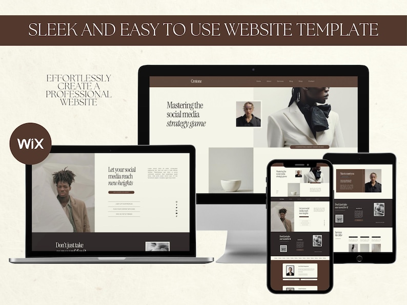 May include: A website template mockup showing a laptop, desktop computer, and mobile phone displaying a website with the text "Mastering the social media strategy game" and "Let your social media reach new heights". The website has a minimalist design with a brown and white color scheme.