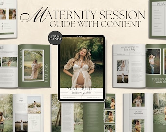 Przewodnik dla klienta CANVA Modern Maternity Session z treścią, wstępnie napisany przewodnik powitalny, edytowalny przewodnik fotograficzny z tekstem, sesja ciążowa
