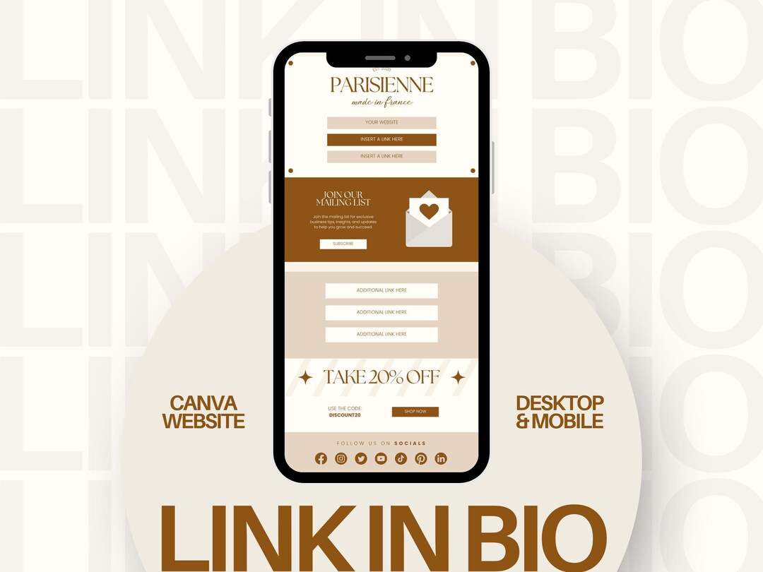Canva Link in Bio Template, Editable Website Template, Modern Brown ...