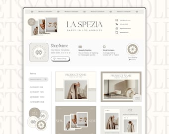 Peut inclure: Maquette de site web pour une boutique Etsy, avec un design minimaliste. Le nom de la boutique est "LA SPEZIA" basée à Los Angeles. La page comprend des catégories de produits, des informations sur la boutique et un bouton "Suivre la boutique". La palette de couleurs est neutre avec du beige et du blanc.