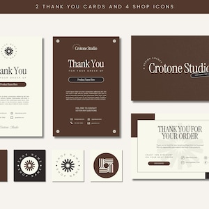 K&ouml;nnte beinhalten: Zwei braune und wei&szlig;e Dankeskarten mit dem Text "Vielen Dank f&uuml;r Ihre Bestellung von" und dem Namen "Crotone Studio". Vier Shop-Icons mit dem Text "Shop Name" und einem stilisierten Blumendesign.