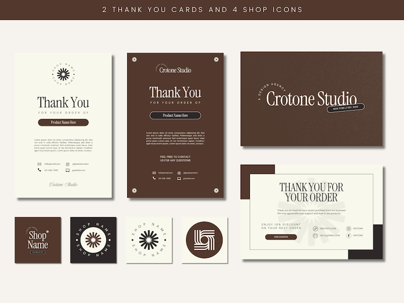 K&ouml;nnte beinhalten: Zwei braune und wei&szlig;e Dankeskarten mit dem Text "Vielen Dank f&uuml;r Ihre Bestellung von" und dem Namen "Crotone Studio". Vier Shop-Icons mit dem Text "Shop Name" und einem stilisierten Blumendesign.