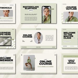 May include: A collection of digital slides with a minimalist design, featuring text and images. The slides cover topics like customer testimonials, masterclass, course outlines, business tips, and online courses. The color scheme is primarily beige and white.