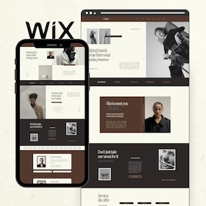 May include: A website design for a business that helps brands elevate their social media presence. The website is designed in a minimalist style with a brown and white color scheme. The text on the website includes the words "Nice to meet you" and "Don't just take our word for it".