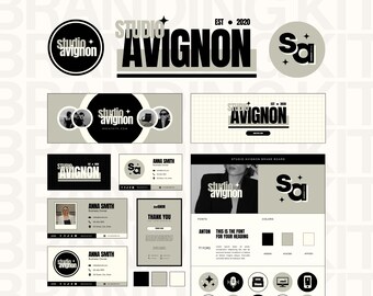 May include: A brand board for Studio Avignon, a business established in 2020. The board includes a logo, color palette, fonts, and a variety of mockups for business cards, social media posts, and website design.