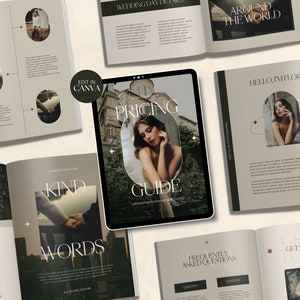 May include: A wedding photography pricing guide with a black and white photo of a woman in a white dress. The guide is on a tablet with a white background. The text on the guide says "Pricing Guide".
