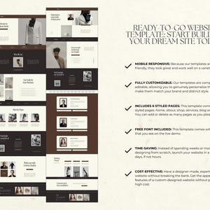 May include: A website template with a brown and white color scheme. The template includes six styled pages: home, about, shop, services, blog, and contact. The template is mobile responsive, fully customizable, and includes a free font. The text on the image reads "Ready-to-go website template: Start building your dream site today."