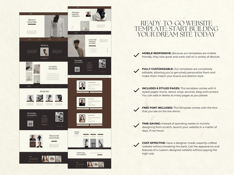 May include: A website template with a brown and white color scheme. The template includes six styled pages: home, about, shop, services, blog, and contact. The template is mobile responsive, fully customizable, and includes a free font. The text on the image reads "Ready-to-go website template: Start building your dream site today."