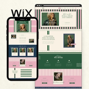 May include: A website design displayed on a smartphone and a tablet. The design features a pink and green color scheme with the text "BUILD, GROW AND THRIVE" and "A SMARTER WAY TO GROW YOUR BUSINESS". The word "Wix" is at the top.