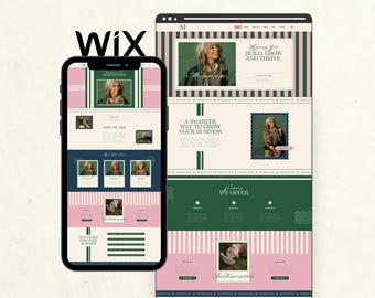 May include: A website design displayed on a smartphone and a tablet. The design features a pink and green color scheme with the text "BUILD, GROW AND THRIVE" and "A SMARTER WAY TO GROW YOUR BUSINESS". The word "Wix" is at the top.