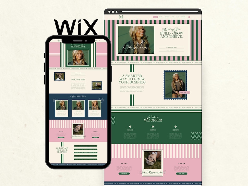 May include: A website design displayed on a smartphone and a tablet. The design features a pink and green color scheme with the text "BUILD, GROW AND THRIVE" and "A SMARTER WAY TO GROW YOUR BUSINESS". The word "Wix" is at the top.