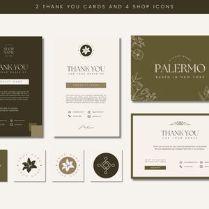 May include: Two thank you cards with a floral design and the text "Thank You for your order of" and "Palermo Based in New York". Four shop icons with a floral design and the text "Shop Name" and "Palermo".