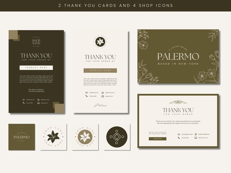May include: Two thank you cards with a floral design and the text "Thank You for your order of" and "Palermo Based in New York". Four shop icons with a floral design and the text "Shop Name" and "Palermo".