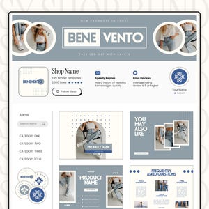 May include: A light blue and white Etsy shop banner template with the text "BENE VENTO" and the tagline "Take 10% off with SAVETO". The banner also features a shop name, sales count, and customer reviews. The shop offers a variety of items, including clothing, accessories, and home goods.