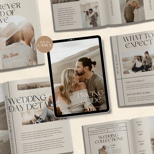 Pu&ograve; includere: Una guida ai prezzi per la fotografia di matrimonio con una coppia in un paesaggio desertico. La guida include informazioni sui dettagli del giorno del matrimonio, i prezzi e cosa aspettarsi. La guida &egrave; progettata in uno stile minimalista con una tavolozza di colori neutri.