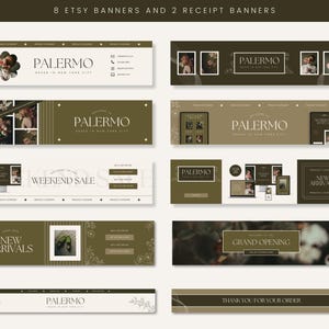 May include: A set of 10 Etsy shop banners in a green and white colour scheme with floral accents. The banners feature the text "Palermo" and various phrases such as "New Arrivals", "Weekend Sale", and "Grand Opening".