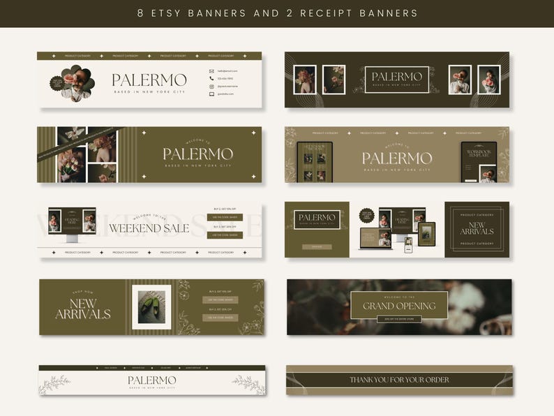 May include: A set of 10 Etsy shop banners in a green and white colour scheme with floral accents. The banners feature the text "Palermo" and various phrases such as "New Arrivals", "Weekend Sale", and "Grand Opening".