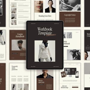 Peut inclure: Un modèle de cahier d'exercices avec un schéma de couleurs noir et blanc. Le modèle comprend des sections pour le créateur de cours, le manuel du cours, les questions fréquemment posées, rencontrer l'équipe et rejoindre notre adhésion. Le texte "Modèle de cahier d'exercices" est affiché dans une boîte brune.