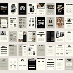 May include: A black and white workbook with a minimalist design. The workbook includes pages for a table of contents, about us, meet the team, the team, module name, checklist, do's and don'ts, quick tips, a roadmap, SWOT analysis, rating scale, self assessment, assessment results, and a questionnaire.