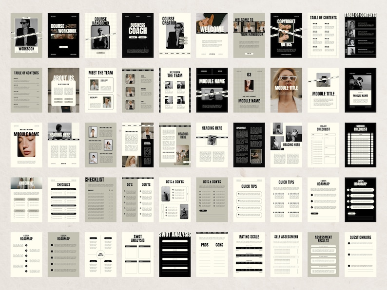 May include: A black and white workbook with a minimalist design. The workbook includes pages for a table of contents, about us, meet the team, the team, module name, checklist, do's and don'ts, quick tips, a roadmap, SWOT analysis, rating scale, self assessment, assessment results, and a questionnaire.
