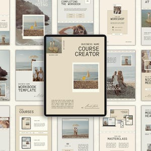 Peut inclure: Une tablette numérique affichant un modèle de création de cours avec des images sur le thème de la plage. La tablette est entourée de diverses pages de cahiers d'exercices, chacune avec des photos et du texte. Le design est minimaliste avec une palette de couleurs neutres.