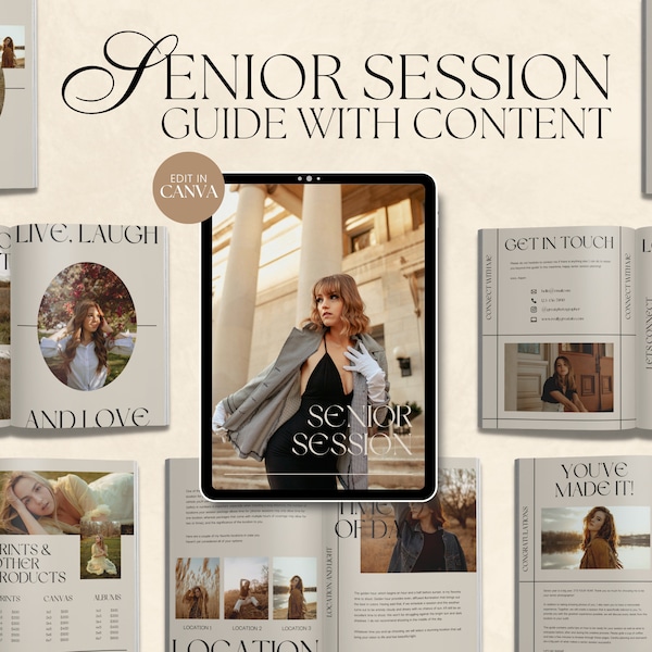 CANVA Modern Senior Session Guide with Content, Pre-written Welcome Guide, Editable Photography Guide with Copy, Magazine Template