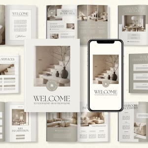 May include: An assortment of open books and a smartphone, all displaying a "WELCOME" message. The books showcase interior design images and text, in a neutral colour scheme. The smartphone displays a staircase and vase design.