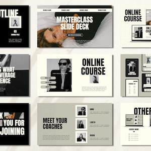 Puede incluir: Una presentación de diapositivas en blanco y negro con el título "Masterclass Slide Deck" y el texto "La consistencia es lo que transforma lo promedio en excelencia". La presentación también incluye imágenes de mujeres y texto sobre un curso en línea.
