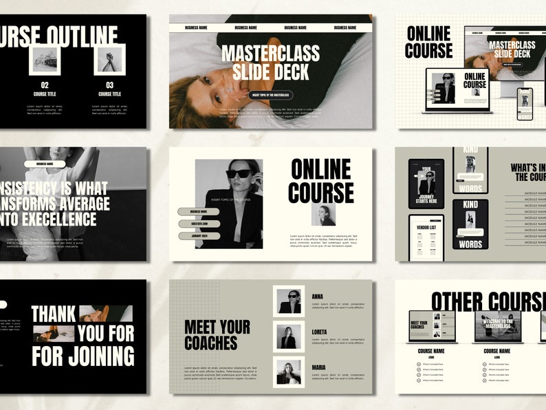 Puede incluir: Una presentaci&oacute;n de diapositivas en blanco y negro con el t&iacute;tulo "Masterclass Slide Deck" y el texto "La consistencia es lo que transforma lo promedio en excelencia". La presentaci&oacute;n tambi&eacute;n incluye im&aacute;genes de mujeres y texto sobre un curso en l&iacute;nea.