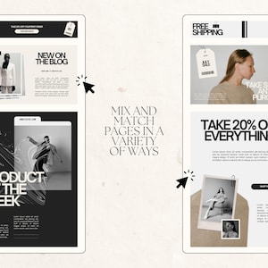 May include: Digital marketing mockups on a light beige background. The image shows two digital devices with website layouts. Text includes "New on the Blog", "Product of the Week", "Free Shipping", and "Take 20% Off Everything".