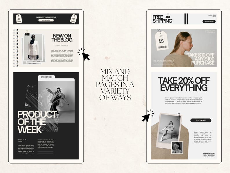 May include: Digital marketing mockups on a light beige background. The image shows two digital devices with website layouts. Text includes "New on the Blog", "Product of the Week", "Free Shipping", and "Take 20% Off Everything".