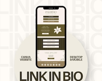 May include: A smartphone mockup displaying a website with a green and white color scheme. The website features the text "PALERMO" and "JOIN OUR MAILING LIST". The website also includes a call to action to "TAKE 20% OFF". The smartphone is surrounded by a white background with the text "LINK IN BIO" in large, bold letters.