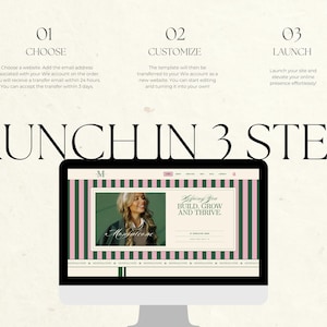 May include: A computer monitor displays a website design with a woman's image, green and pink stripes, and the text "Helping You Build, Grow and Thrive." The image also includes the text "LAUNCH IN 3 STEPS."