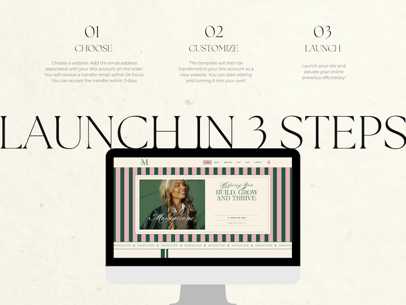 May include: A computer monitor displays a website design with a woman's image, green and pink stripes, and the text "Helping You Build, Grow and Thrive." The image also includes the text "LAUNCH IN 3 STEPS."