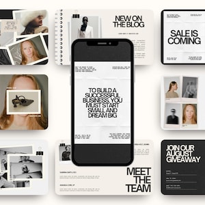 May include: A collection of promotional materials, including a smartphone displaying text, surrounded by various cards and a spiral-bound notebook. The cards feature images, text, and a neutral color palette, promoting a blog, sale, and social media.
