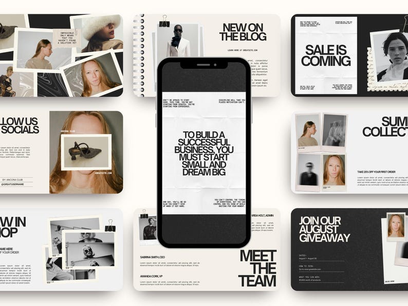 May include: A collection of promotional materials, including a smartphone displaying text, surrounded by various cards and a spiral-bound notebook. The cards feature images, text, and a neutral color palette, promoting a blog, sale, and social media.