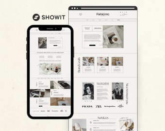 May include: A website mockup on a mobile phone screen showing a website design for a brand called "Parisienne" with a minimalist aesthetic. The website features images of coffee, fashion, and lifestyle content. The website is built using the Showit platform.