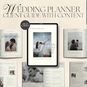 May include: A wedding planner client guide with content, featuring a cover image of a couple embracing under a crescent moon. The guide includes sections on planning, timelines, and packages. The text "Wedding Planner Client Guide" is displayed on the cover.