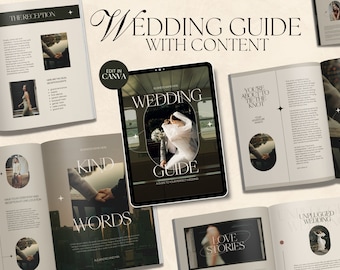 May include: A wedding guide with content for planning a wedding. The guide includes tips on how to tie the knot, kind words, love stories, and unplugged weddings. The guide is editable in Canva.